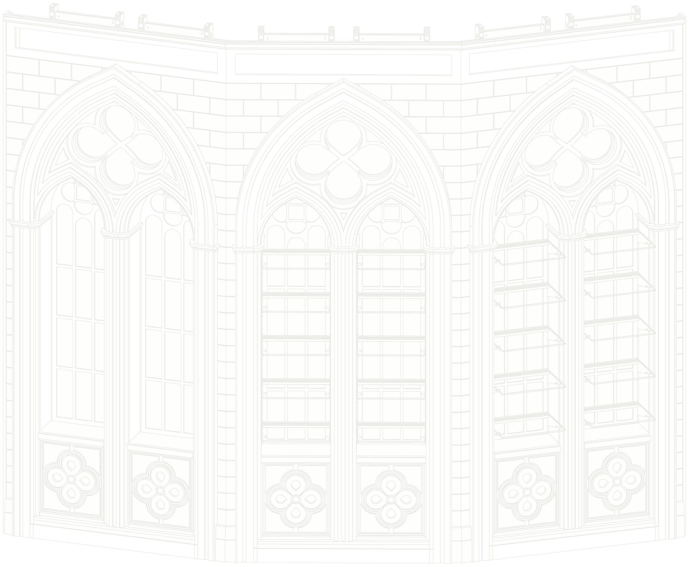 Gothic shop wall unit, hidden-line view